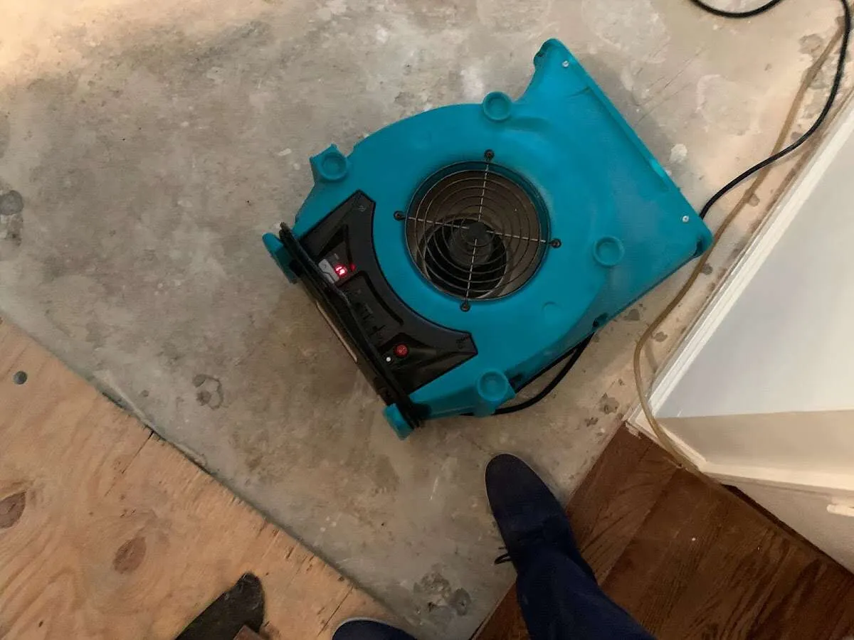 Air mover drying subfloor during Leak Detection & Repair in North Fort Myers